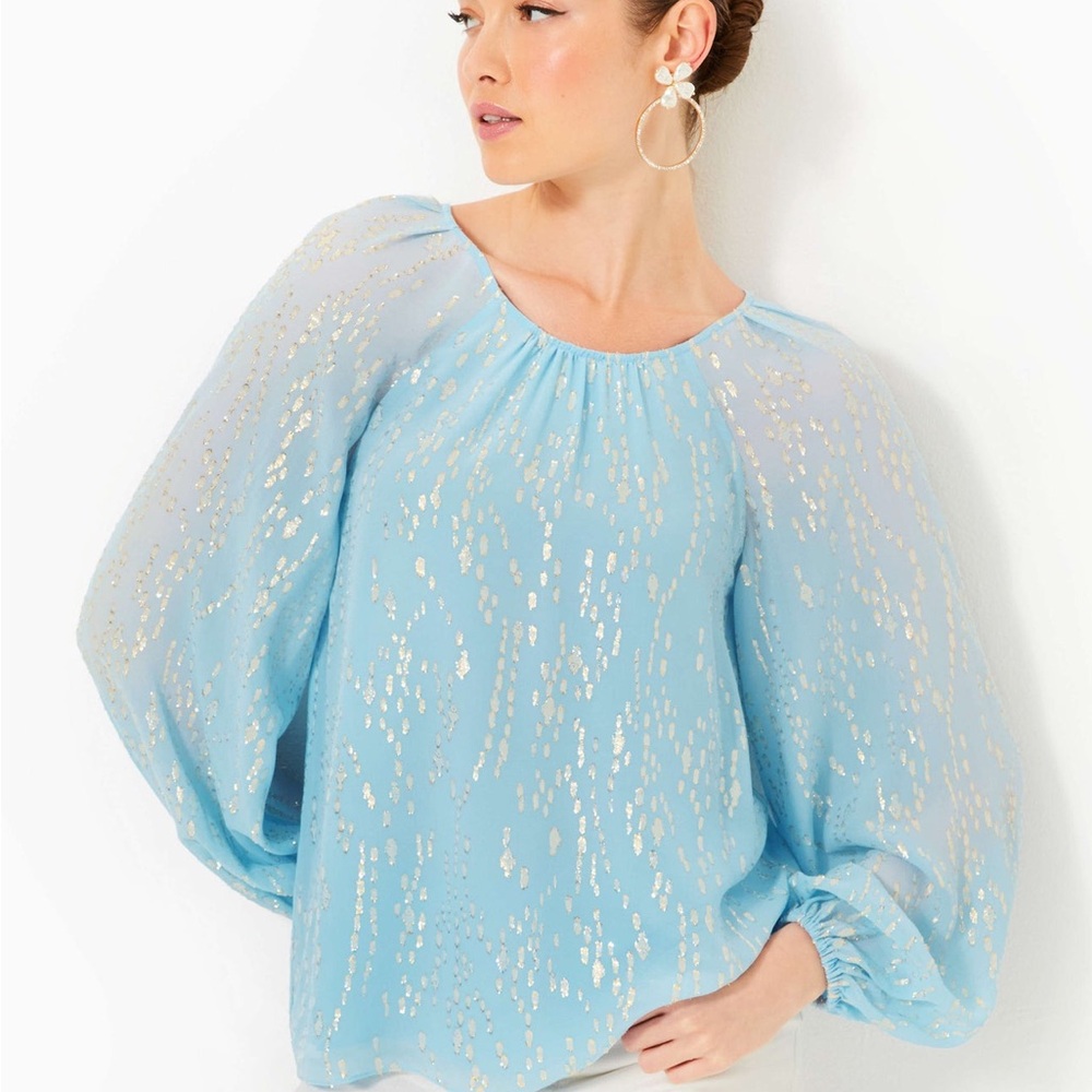 Lilly Pulitzer Noraleen Silk Top Bonaire Blue Fish Clip Chiffon
